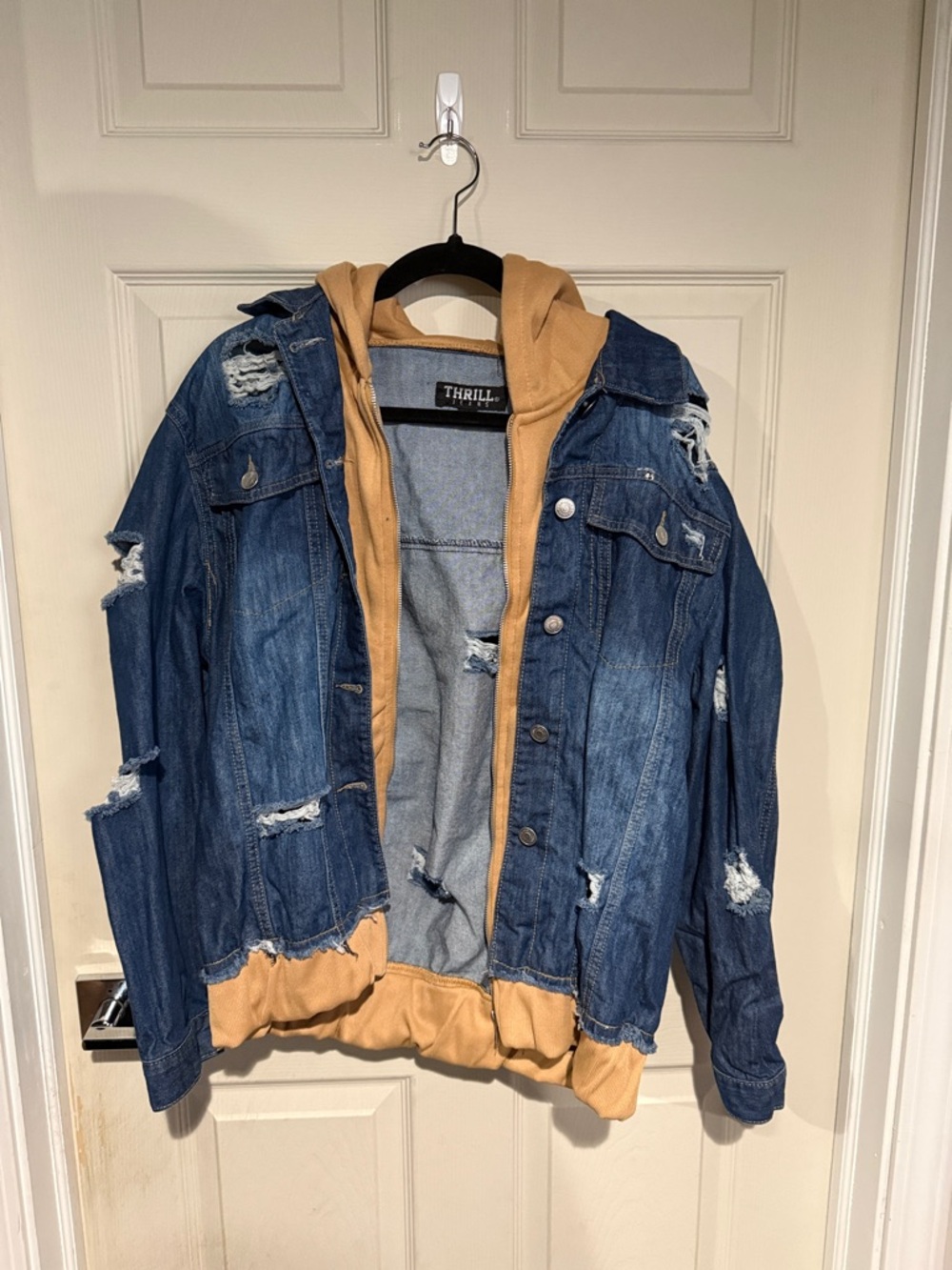 THRILL Blue Distressed Denim Jacket with Tan Hood